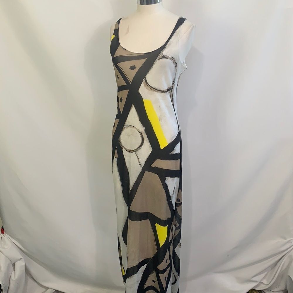 D Exterior gray white yellow black print mesh maxi dress